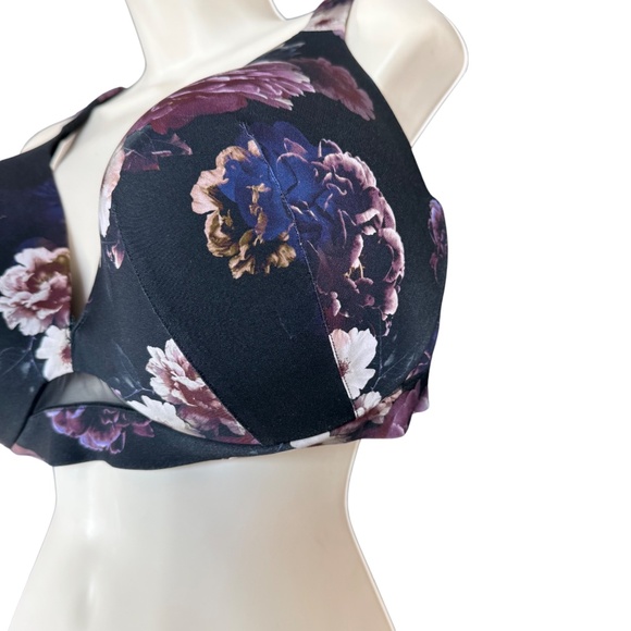 Cacique Black Purple Floral Lightly Lined Plunge Bra Women's Size 46DD - Picture 7 of 15